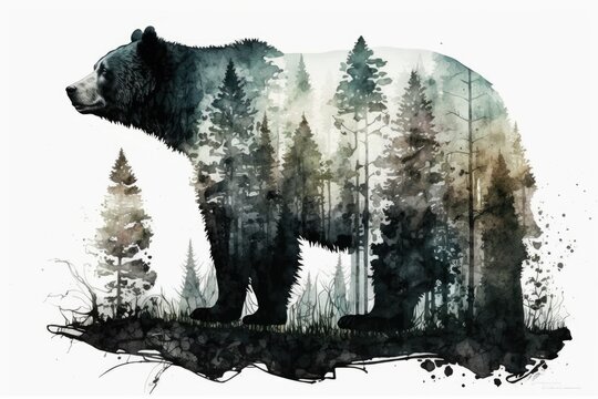Black bear; wooded area. Ink and watercolor double exposure on white. Generative AI