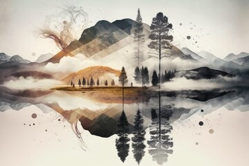 Abstract landscape with a double exposure. Generative AI