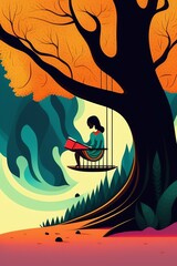 Obraz premium Flat ilustration character of a black woman reading book.