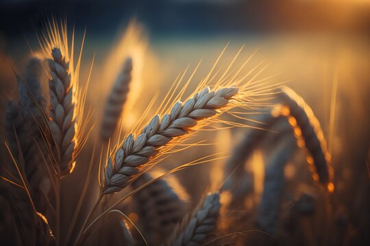 Wheat field at sunset. Ears of golden wheat close up.