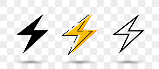 Lightning icons collection in different style with shadow. Set of thunderbolt icons