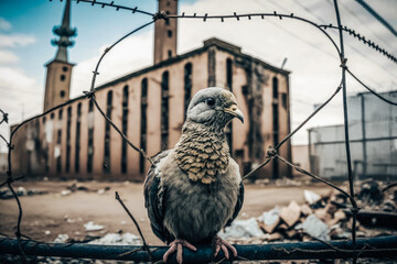  A dove perches on a wire fence in front of a war-torn building in Ukraine, serving as a symbol of peace and hope in the midst of destruction. Generated AI