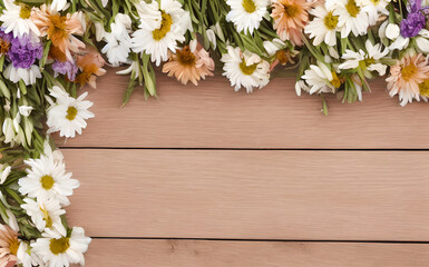 flowers on wooden table generative ai spring time banner, blossoms on wooden floor 