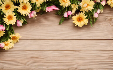 Fototapeta premium flowers on wooden background, generative ai spring time banner, blossoms on wooden floor / wooden boards / timber surface, season spring design