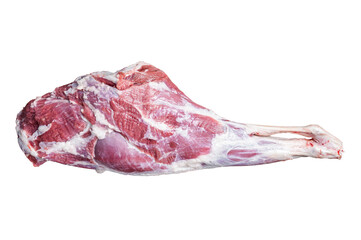Mutton meat. Raw whole lamb leg thigh on butcher board.  Isolated, transparent background