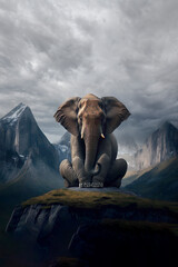 Fototapeta na wymiar An elephant sitting on top of a mountain.Generative AI illustration.