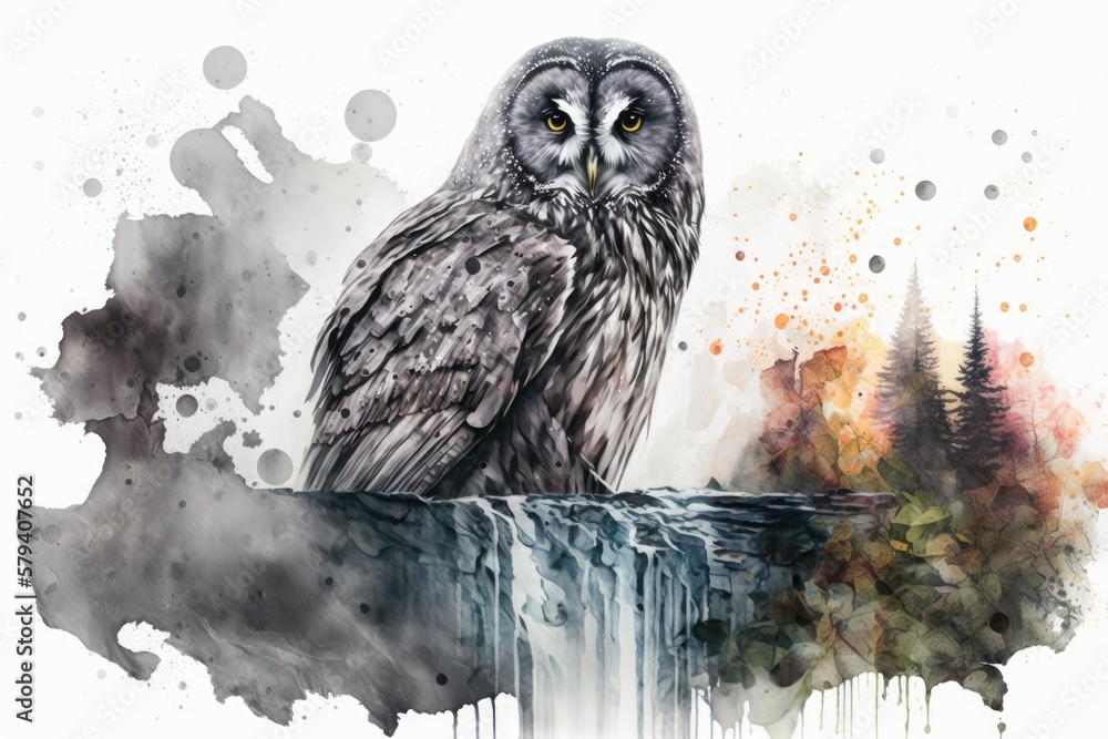 Poster watercolor splashes in the background of a double exposure of a gray owl and a waterfall. generative