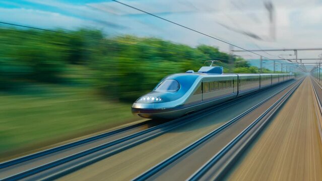 Fast modern high-speed train speeding through the mountainous landscape. 4K HD