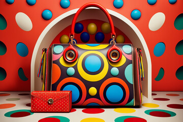 retro suitcase hand bag with brilliant pop optical colors, 80s mood, geometric glamour light, generative ai illustration