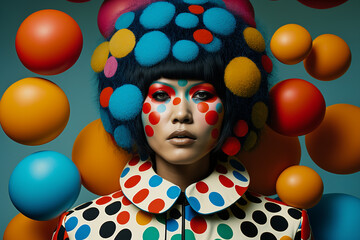 beautiful young model with rounded spheres  on head, pop colorful optical style and makeup, looking at camera, generative ai illustration