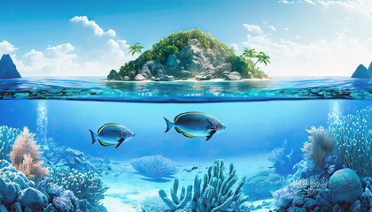 Ocean Tropical island with colorful underwater world. Generative AI.