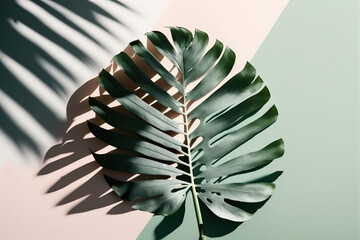 Palm plant against a simple backdrop with a shadow, capturing a minimalistic summer vibe. Pastel aesthetic. Generated by AI