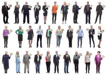 group of successful people holding money in hand