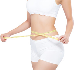 Asian woman diet and slim with measuring waist for weight, girl have cellulite and calories loss...