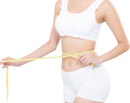 Asian woman diet and slim with measuring waist for weight, girl have cellulite and calories loss with tape measure, health and wellness concept.