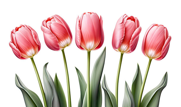 Five red tulips on white background. Generative AI.