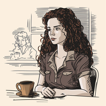A young beautiful curly brunette girl sits in a cafe at a table with a mug of coffee or tea. Freehand pencil sketch on beige background.