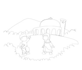 illustration of children playing in front of the mosque