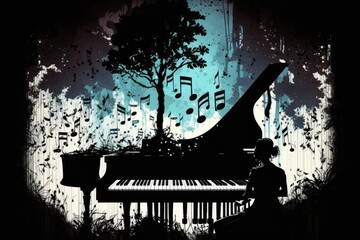 Piano and musical notes are seen in this illustration (silhouette). Generative AI