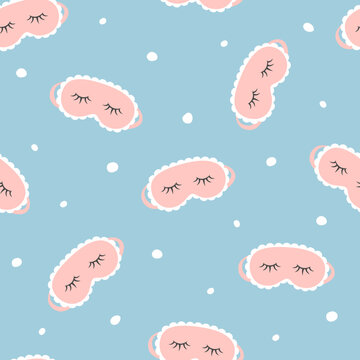 Cute sleep mask seamless pattern. Good night or relaxing theme background in pastel colours. Vector illustration in flat style. 