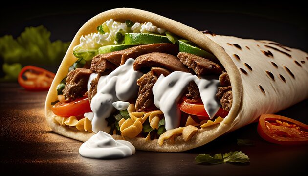 Tasty Doner Kebab Shawarma Roll Wrap Illustration. Generative AI Food