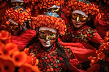 Abwaschbare Fototapete Karneval A group of traditionally dressed dancers performing the ancient mask dance amidst a sea of bright red marigold petals at the Paro Tshechu festival - Generative AI