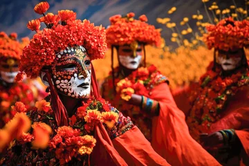 Acrylic prints Carnival A group of traditionally dressed dancers performing the ancient mask dance amidst a sea of bright red marigold petals at the Paro Tshechu festival - Generative AI