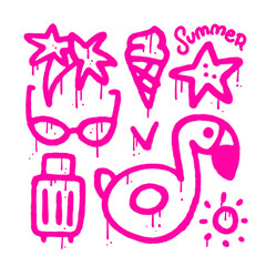 Sumer holiday elements set in simple urban graffiti style isolated on white background - bag, flamingo ring, palm, icecream and sunglasses. Spray textured vector illustration for t-shirts, banners
