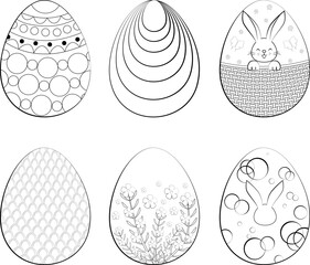 Set of Easter eggs with different ornaments for coloring and design. Black and White Lineart.
