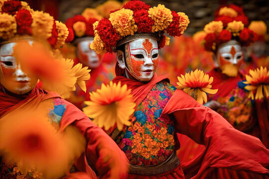 A group of traditionally dressed dancers performing the ancient mask dance amidst a sea of bright red marigold petals at the Paro Tshechu festival - Generative AI