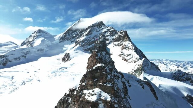 Aerial panorama view of the Sphinx Observatory on Jungfraujoch - Top of Europe, one of the highest observatories in the world located at the Jungfrau railway station, Bernese Oberland, Switzerland.