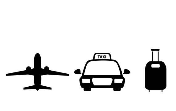 Signo de ilustraci&oacute;n de icono de medios de viaje, avi&oacute;n, taxi, maleta. Vista de frente