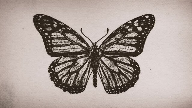 Retro Butterfly Drawing Ink Reveal/ 4k motion graphics of sketched butterfly insect ink drawing revealed background