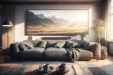 Modern sofa or couch in living room. Interior design. Generative AI