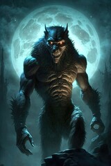 Werewolf and the full moon. Generative AI illustration