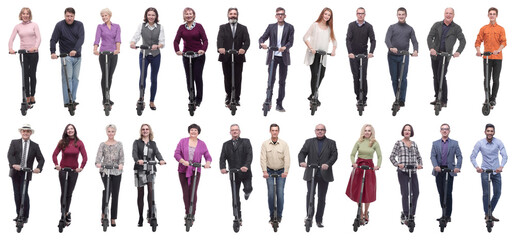 group of successful people on scooter isolated