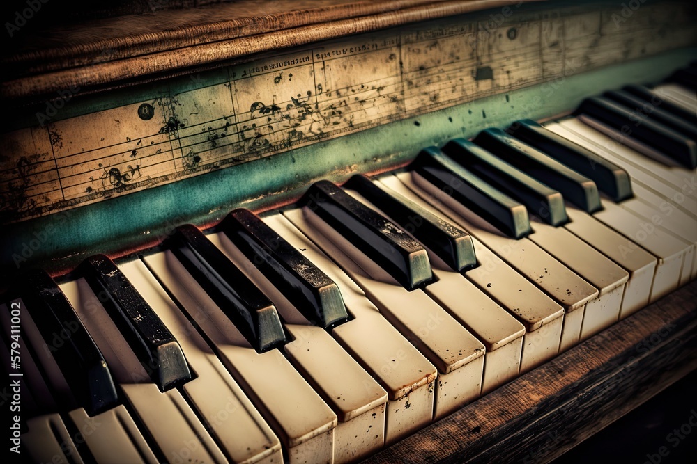 Poster vintage filter applied on a piano keyboard as a background. generative ai