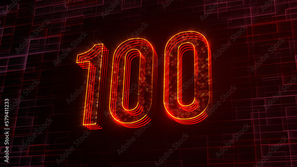 Poster futuristic red yellow shine 3d perspective view 100 number text lines with square dots fractal digit