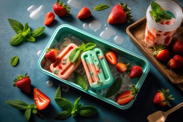 On a green tray with ice, strawberries, and mint are some homemade strawberry popsicles. Concept for healthy summer fare with room for copy. Generative AI