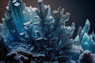 Exquisite blue crystal structure. Enjoy the natural haze that serves as a backdrop. Winter A stunning backdrop, indeed. Extremely detailed macro shot. Generative AI