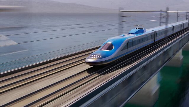 Fast Modern High-speed bullet Train Crossing Bridge with the Sea in Background