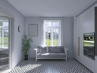 Kitchen design 3d render, 3d illustration