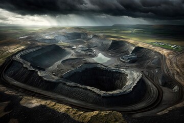 Open coal mine in Wales, UK, seen from above. Generative AI