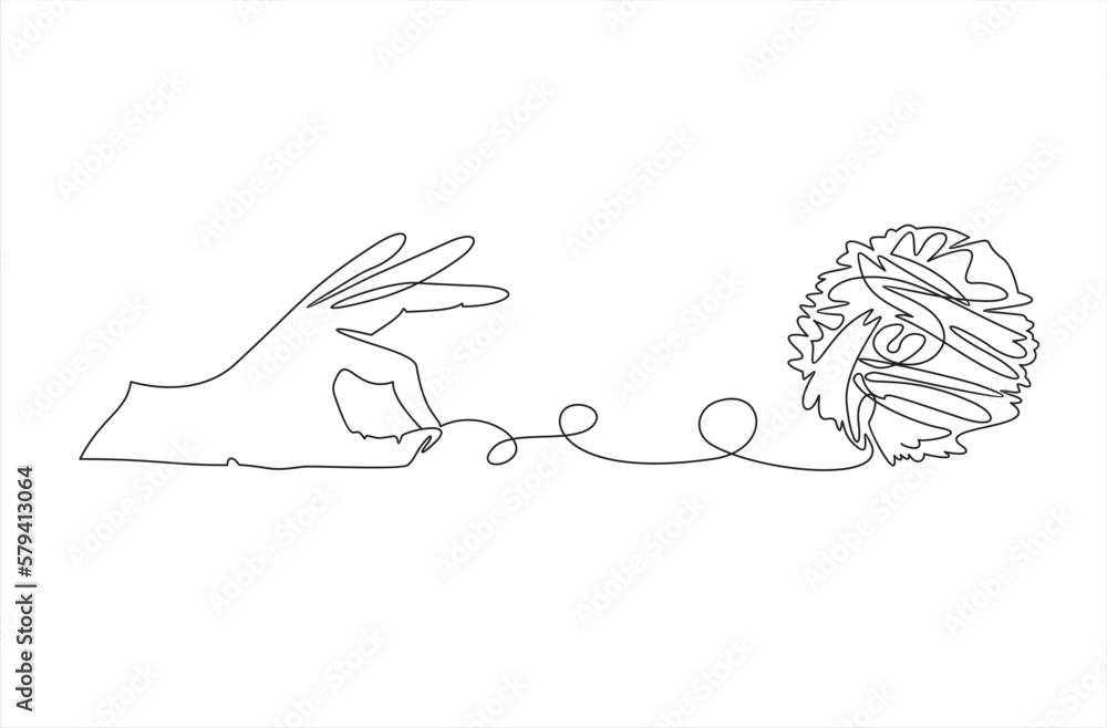 Poster continuous line of hand unraveling a tangle of unresolved problems. metaphor of disorganized difficu
