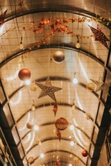 Closeup of Christmas decorations hanging from the ceiling