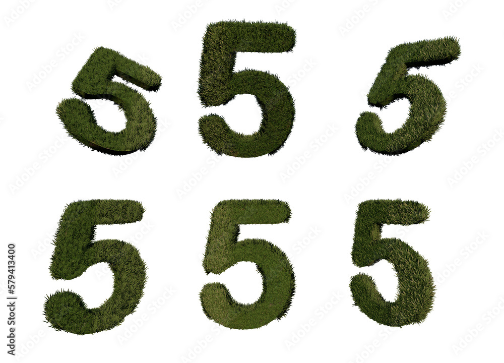 Poster 3d rendering number 5 from grass in different positions
