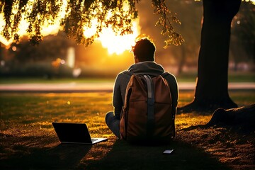 Working from Nature's Comfort. Man Sitting on Grass, Engrossed in Online Work on Laptop with Dreamy Blurred Background