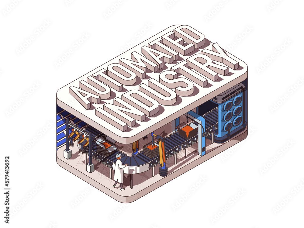Aufkleber automated industry concept in 3d isometric graphic design. smart manufacturing process with robotic 