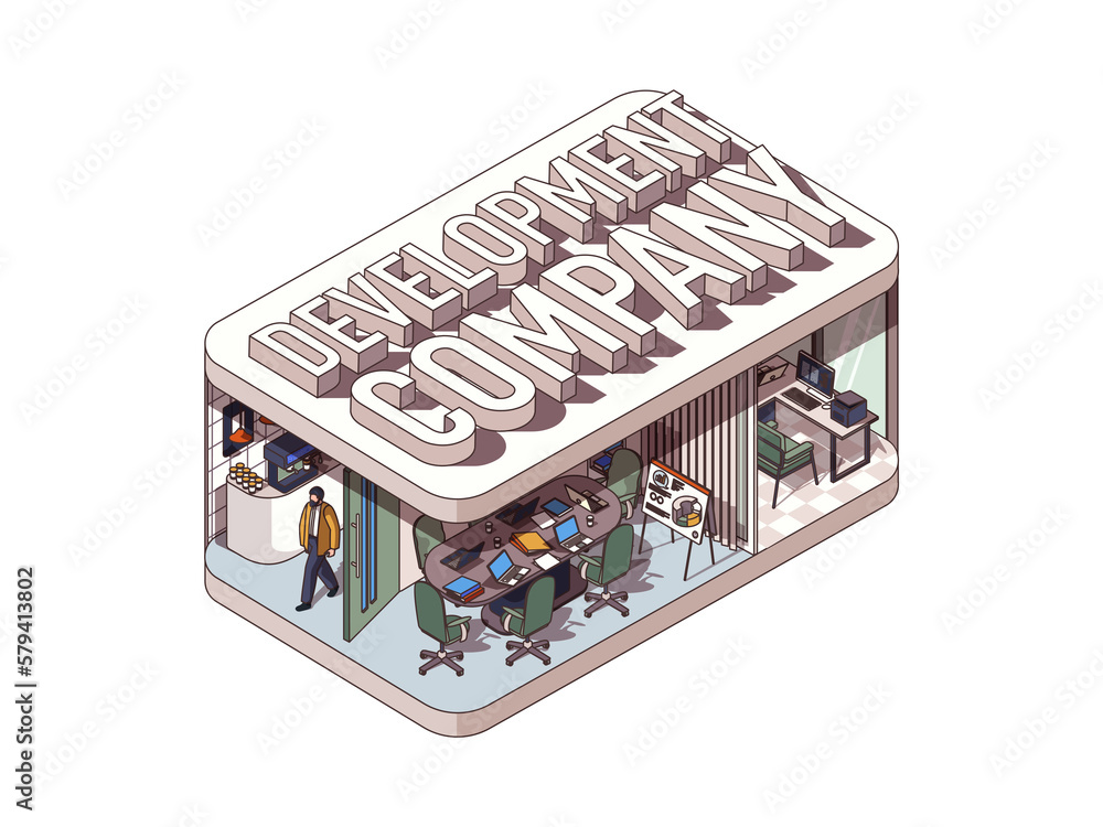 Aufkleber Development company concept in 3d isometric graphic design. Programming and creating software in office, work in IT agency. Illustration with people in isometric room interior for web banner