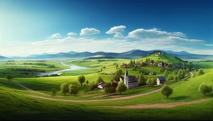 Foto op Canvas Realistic panorama landscape of spring village with green meadow and mountain © drizzlingstarsstudio